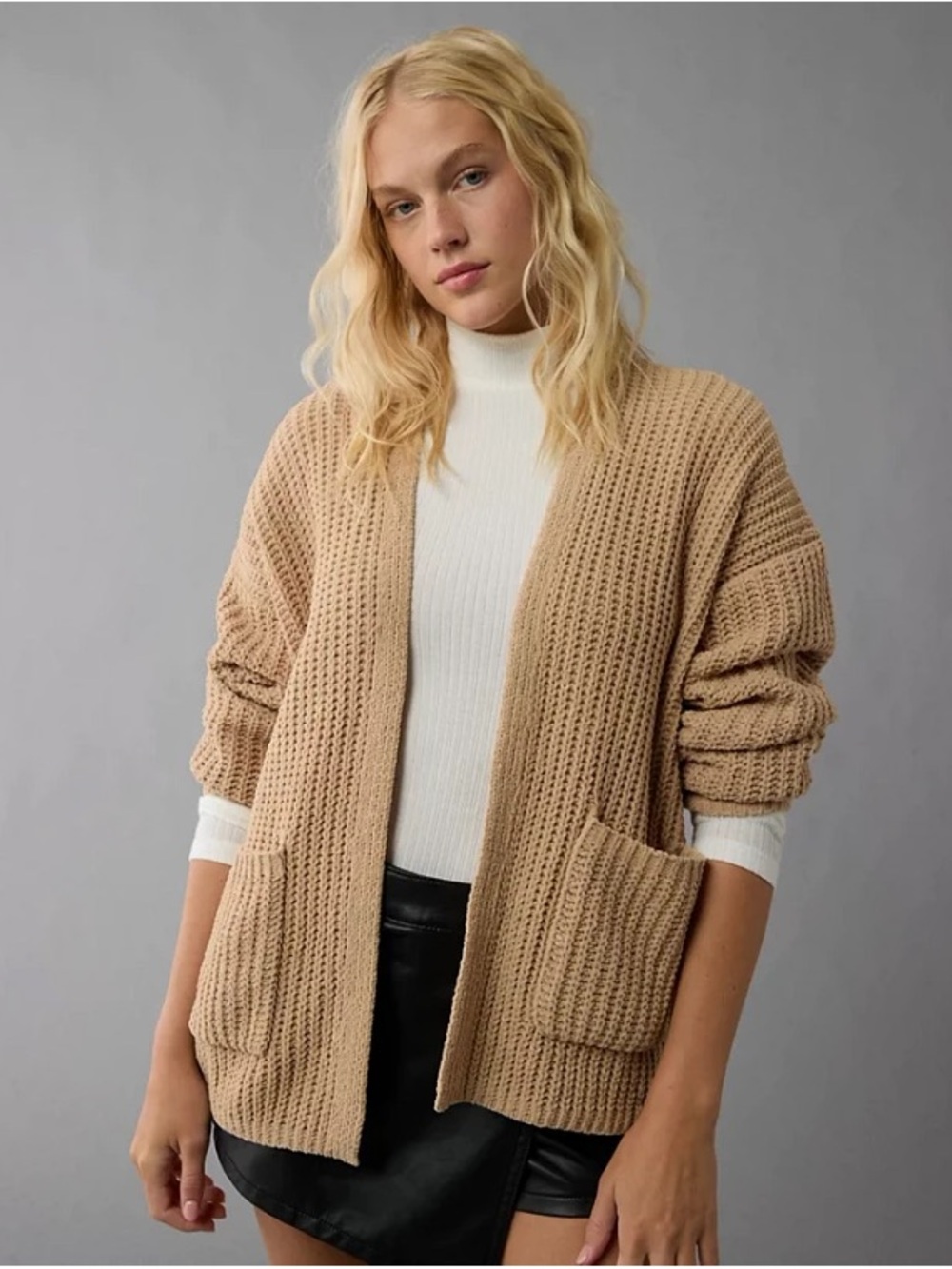 American Eagle Outfitters Tan Open-Front Waffle Knit Cardigan